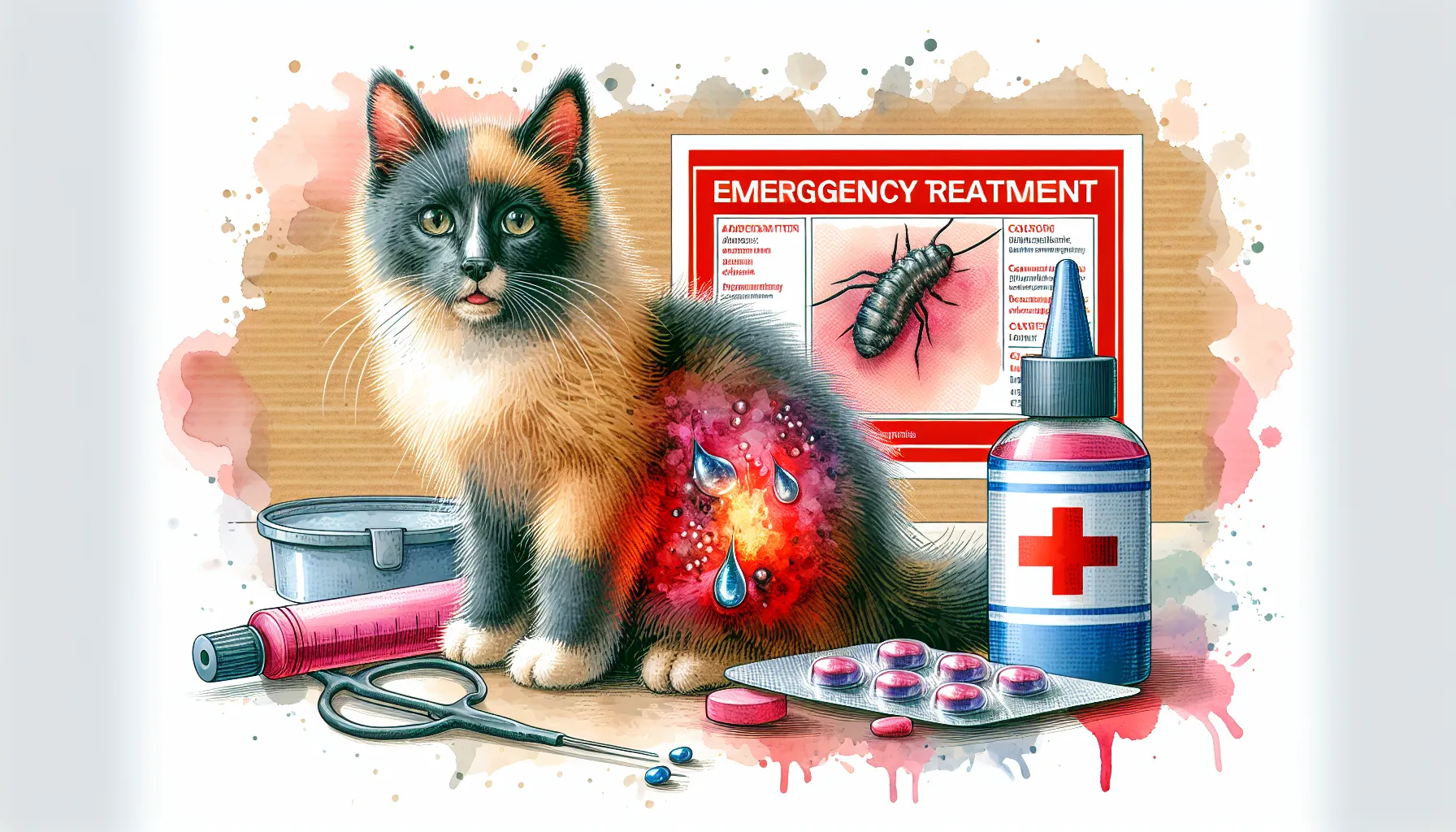 ## 4. 緊急対応：猫の「ノミ水ぶくれ」への応急処置
のAIイメージ画像